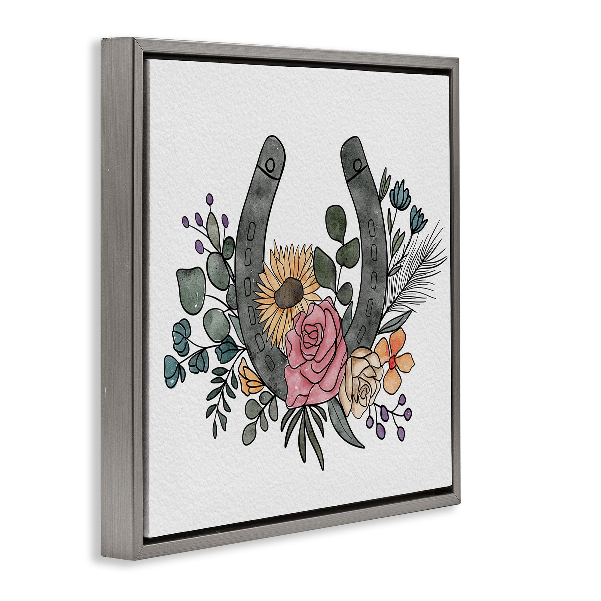 Stupell Industries Boho Floral Horseshoe Gray Framed Floater Canvas Wall Art, design by Alisha Kiara Design
