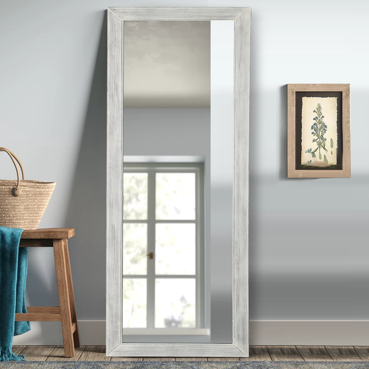 MAYEERTY 64x21 Solid Wood Brushed Washed White Full-Length Mirror