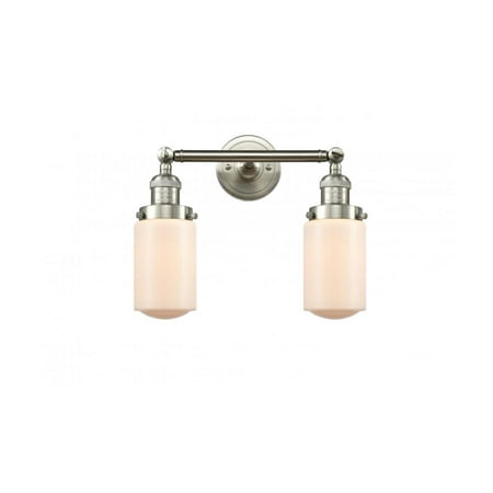 

Brushed Satin Nickel Tone Bathroom Vanity 14 Wide Matte White Cased Glass Steel/Cast Brass Medium Base 2 Light Fixture