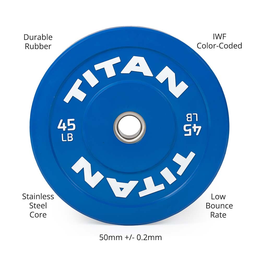 Titan Fitness 45 LB Economy Olympic Bumper Plate, Color-Coded by IWF Standards, Low Bounce Rubber with Steel Insert