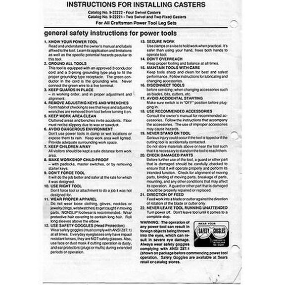 Craftsman 9-22221 / 9-22222 Sheet Metal Stand Leg Casters Instructions REPRINT