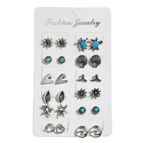 Beach Earrings 12 Pairs Small Mixed for Turtle Starfish Stud Earrings Set Fashion Boho Jewelry Charms Gift for Women Friends