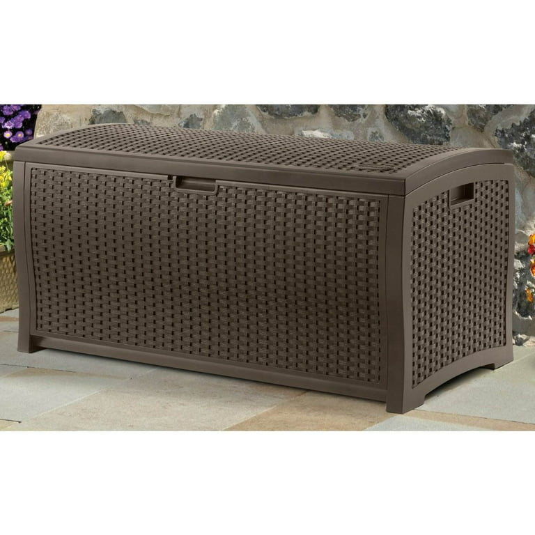 Rubbermaid Patio Chic Resin Weather Resistant Outdoor Storage Deck Box, 123  Gal., Black Oak Rattan Wicker Basket Weave & Suncast 99 Gallon Resin