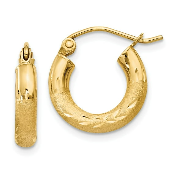Real 14kt Yellow Gold Satin and Diamond-cut 3mm Round Hoop Earrings; for Adults and Teens; for Women and Men