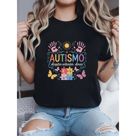 Spanish Autism Awareness Puzzle Handprint Butterfly Sun Print Crew Neck Short Sleeve Casual T-Shirt