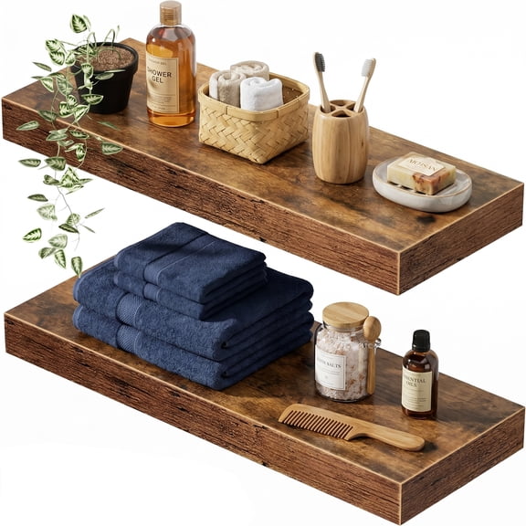 Behome 2 Pack Floating Shelves for Wall, 15.7" Farmhouse Rustic Wood Wall Mounted Shelves, Heavy Duty Hanging Shelf for Bathroom, Bedroom, Living Room or Kitchen
