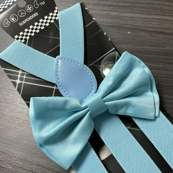 Light SKY Blue Suspender Clip on Bow-Tie Matching Set for Adults Men Women