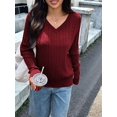 thumbnail image 5 of Women Long Sleeve Cable Knit Sweater Fashion V Neck Fitted Pullover Top Business Casual Fall Outfits Wine Red L, 5 of 7