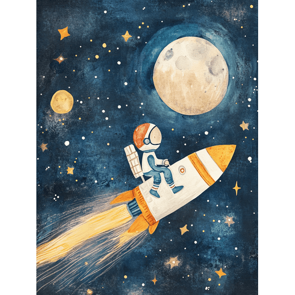 Astronaut Rocket Ship Space Watercolor Painting/Canvas Print, Suitable for Living Room, Bedroom, Nursery, Office, and Gallery Wall Decor