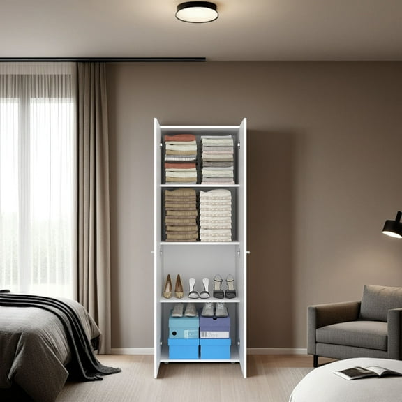 Nmkwnr 2 Door Wardrobe with 4 Inner Shelves, 66.9"H Tall Storage Cabinet for Living Room, Bedroom, White