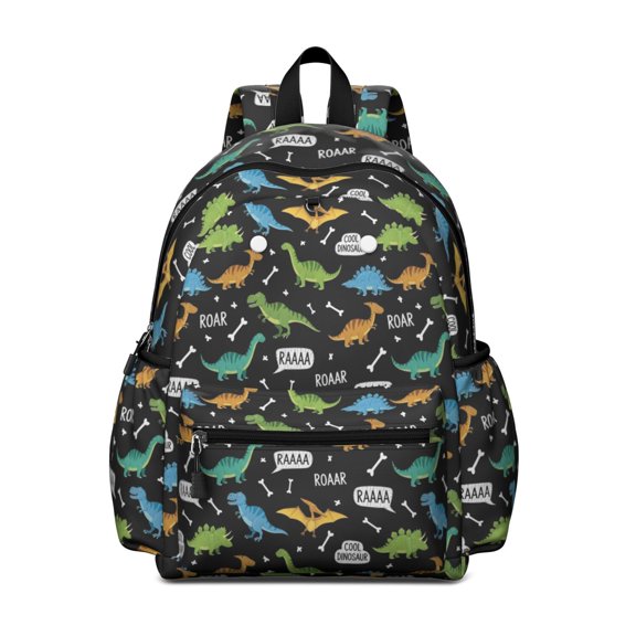 Black Cartoon Dinosaurs Text Pattern Cute School Backpack with Padded Back and Adjustable Shoulder Straps 13.4"x11"x4.7"