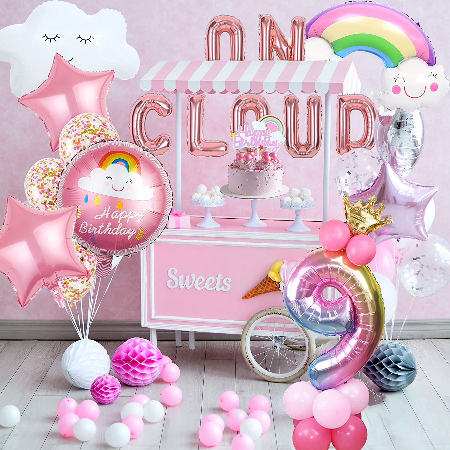 On Cloud 9 Geburtstags-Deko Für Mädchen – Ballon-Set Mit Regenbogen, Wolken, Zahl 9, Pastellfarben