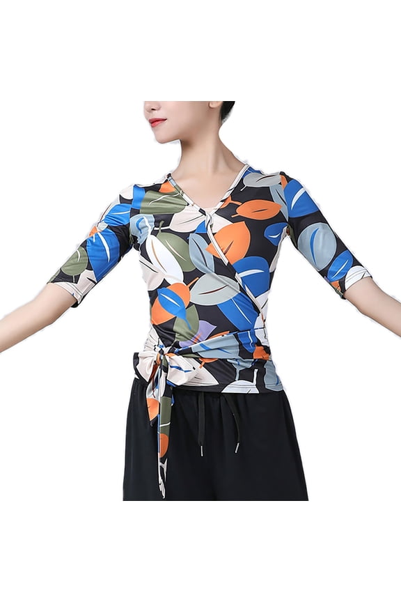 Elbow Length Sleeve Leaves Faux Wrap Tie Waist Tee Shirt Danse Femme women's Adult Ladies