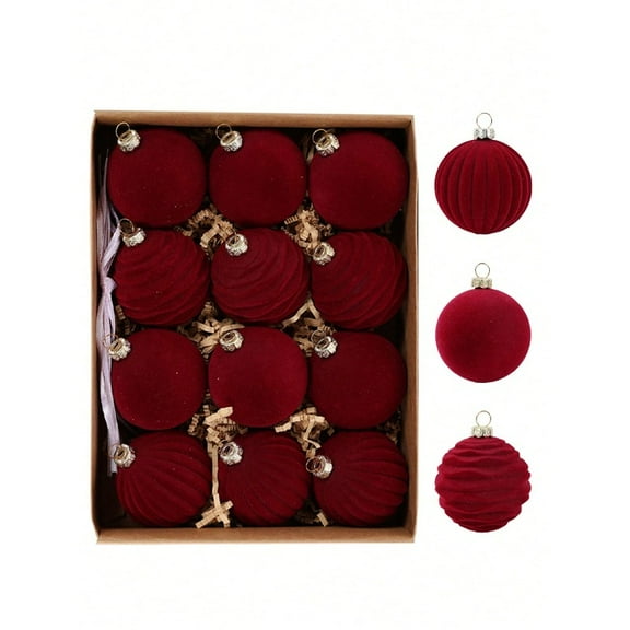 12-Pack Burgundy Flocked Christmas Balls Ornaments Set, Velvet Textured Xmas Tree Decorations for Holiday Home Party, Stocking Stuffers & 2026 New Year Gifts