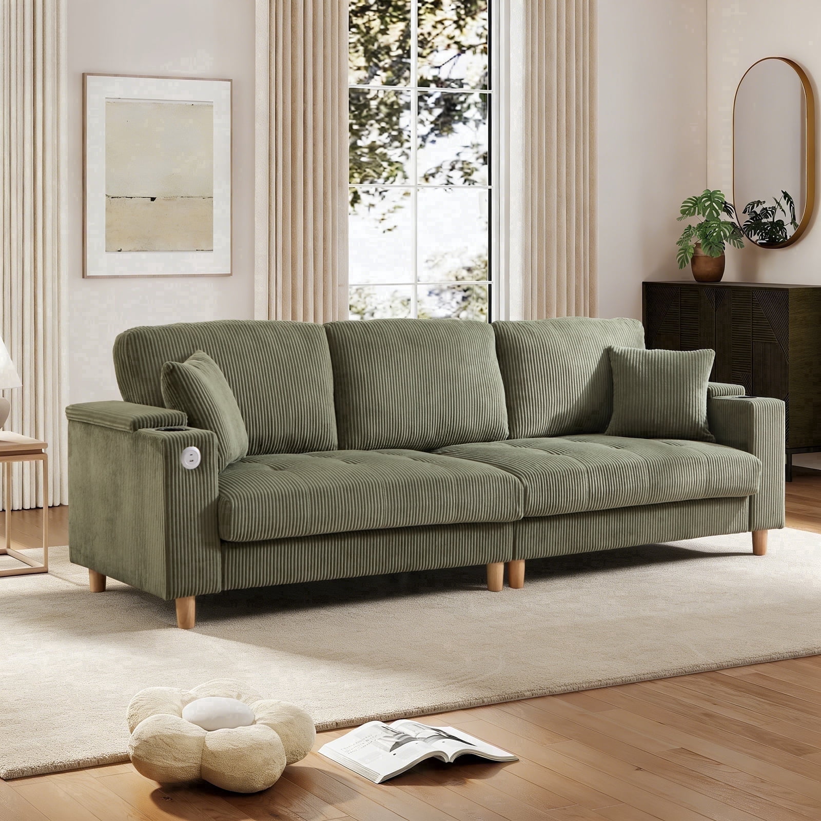 Bonzy Home 100 inch Modern Corduroy 3-Seater Sofa, Oversized Comfy Couch with USB Charging Port, Hidden Storage, Overstuffed Backrest & Throw Pillows, Green