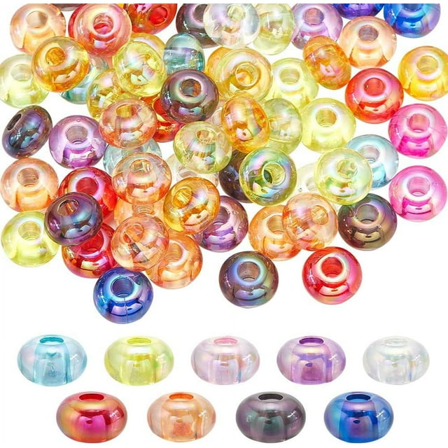 1 caja de 100 cuentas de lenteja de 14 mm, cuentas acrílicas para ábaco, a granel, de plástico transparente, coloridas, achatadas, con agujero grande.