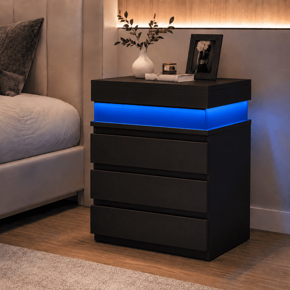 VOLIVO Black Nightstand with Charging Station and LED Light, Modern Night Stand with 3 Drawers and Sliding Top, Bedside Table with Hidden Space for Bedroom Living Room, Black