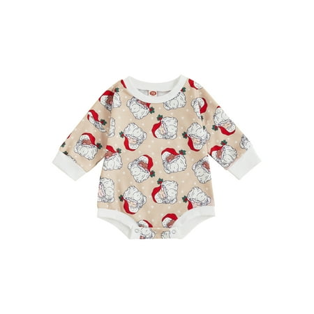 

Amuver Infant Baby Christmas Jumpsuit Long Sleeve Round Neck Cartoon Christmas Hat/Santa Print Romper Snap Closure Clothes