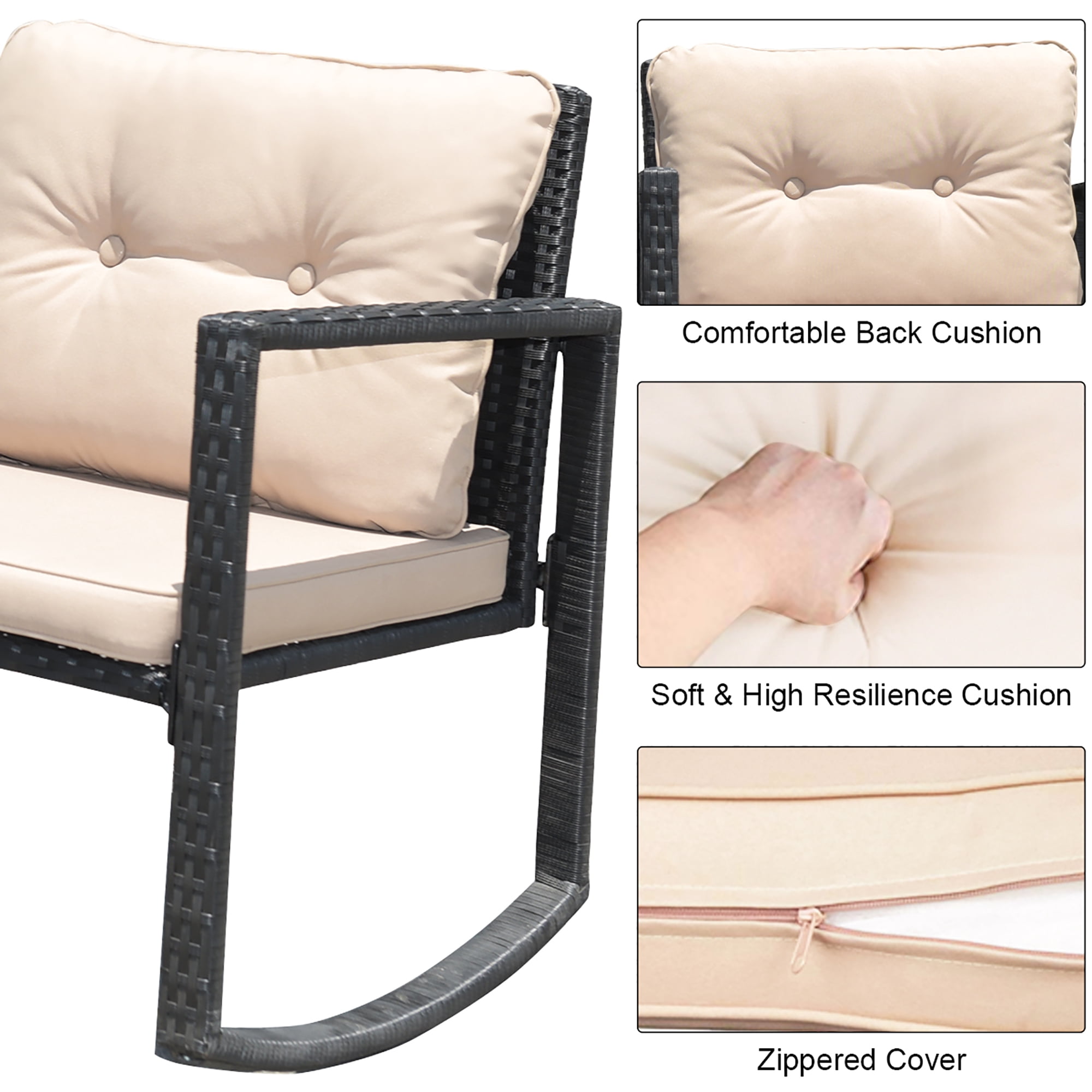 Costway 3PC Patio Rattan Conversation Set Rocking Chair Cushioned Sofa Outdoor Furniture