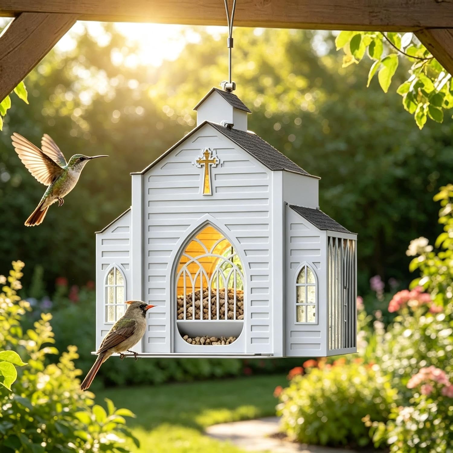 Solar Bird Feeders for Outdoors Hanging Church Shaped Metal Birdfeeder with Solar Light Wild Bird Feeders for Garden Home Decor