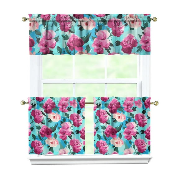 Kitchen Curtains and Valance Set 24 Inch Tier Pioneer Colorful Floral Curtains Small Drapes for Cafe Living Room Bathroom Farmhouse 3 Pieces Set Rod Pocket