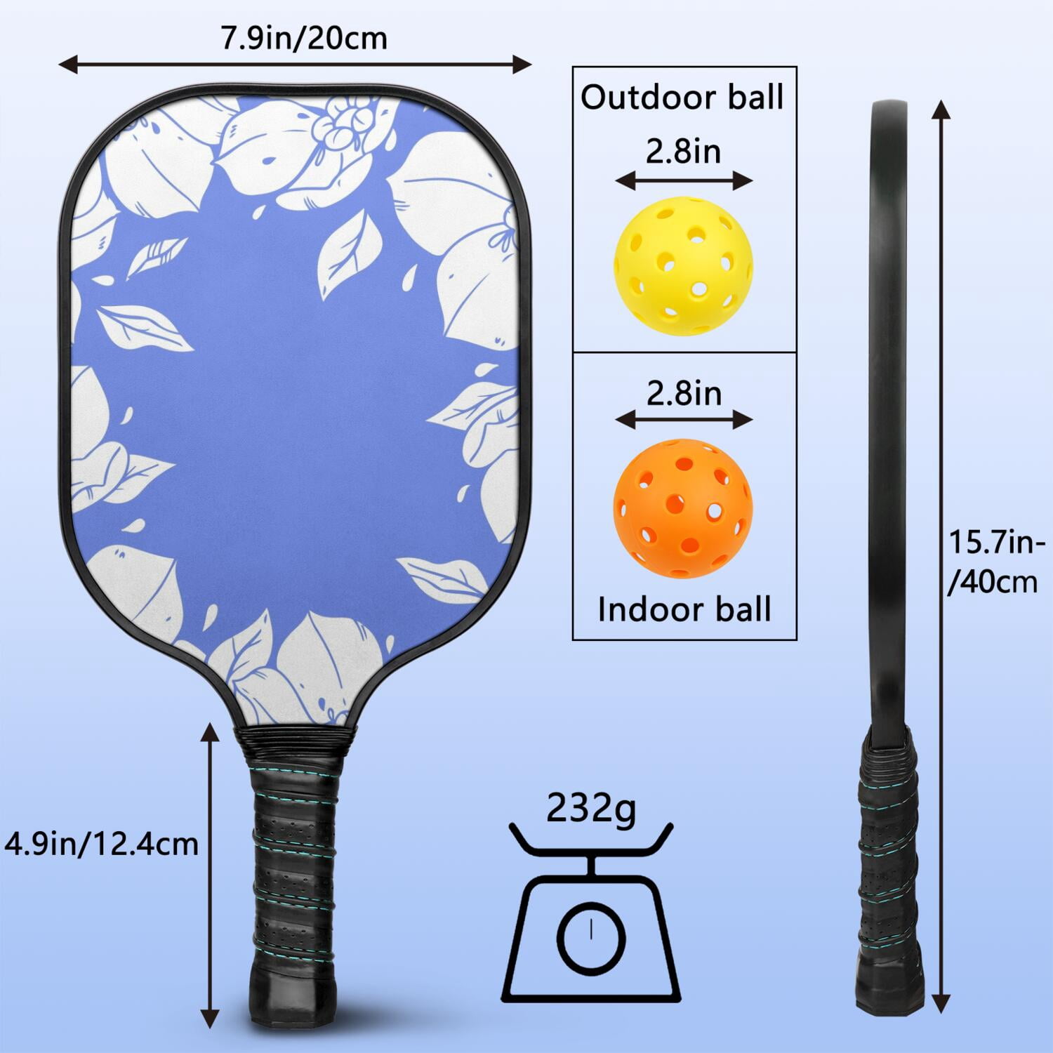 Pickleball Paddles Set Of 2, Fiberglass Surface, Spring Floral Print, 4 Balls & Bag