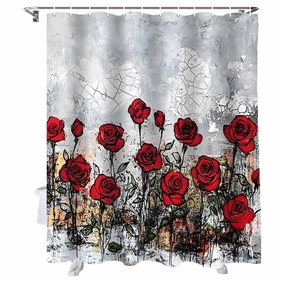 Shower Curtains Red Pink Rose Floral Bath Curtain Gray Oil Painting Waterproof Bathroom Shower Curtain Set with Hooks Decoration 36 x 72 Inches