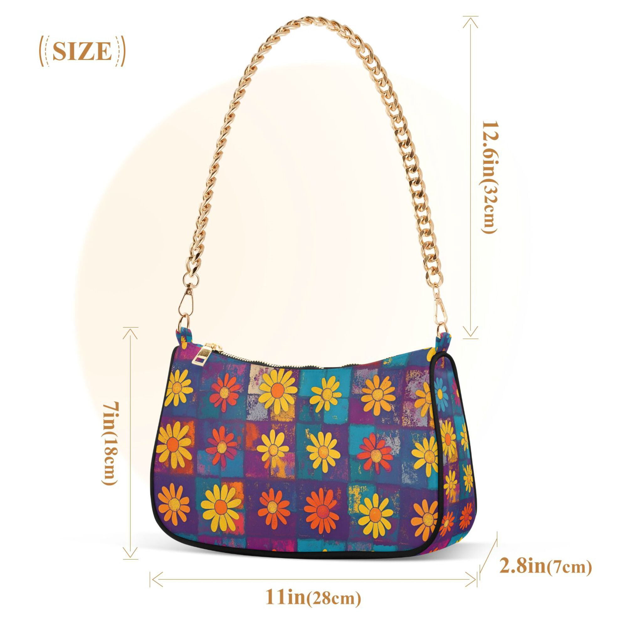 FORMRS Womens Shoulder Bag with Chain Strap Clutch Purse Cute Tote Handbag, Colorful Checkered Daisy