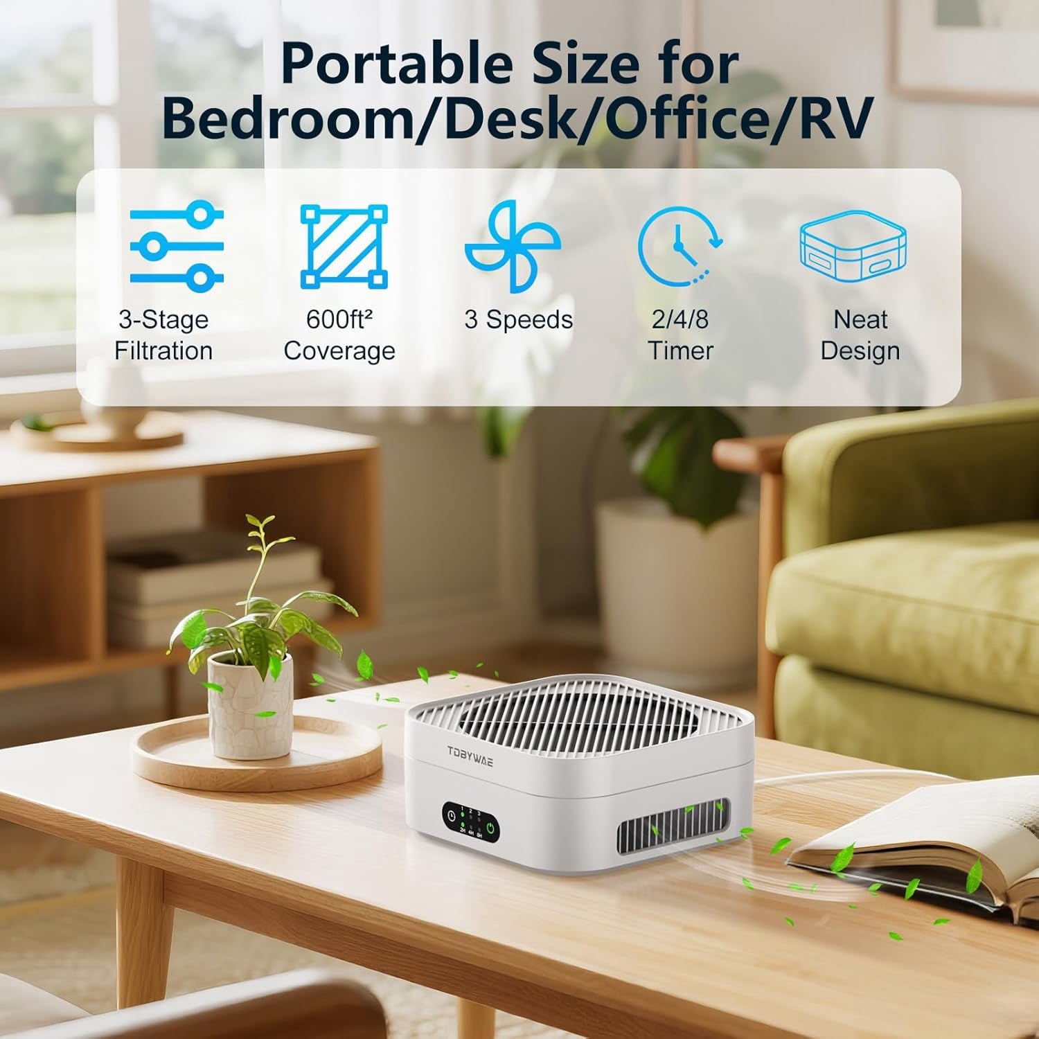 Purifier for Home Bedroom to 600 ft², True HEPA Filter for Pets Dust Dander Pollen Odor , Portable Car Purifier with Type-C Charging and Touch