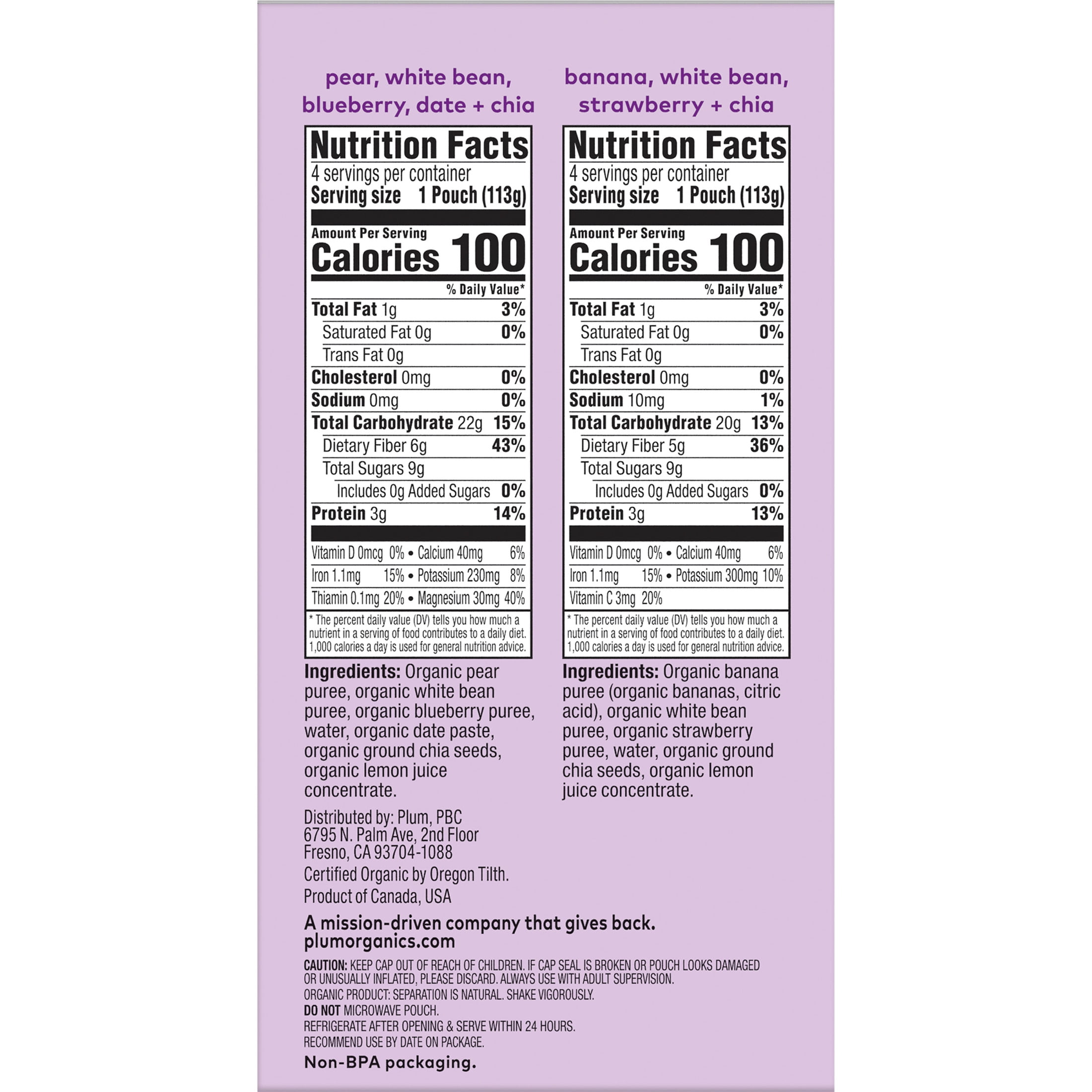 (3 pack) Plum Organics® Tots Mighty Builder Fruit & Veggie Blend Pear, White Bean, Blueberry, Date + Chia & Banana, White Bean, Strawberry + Chia 4oz Pouch-8-Pack