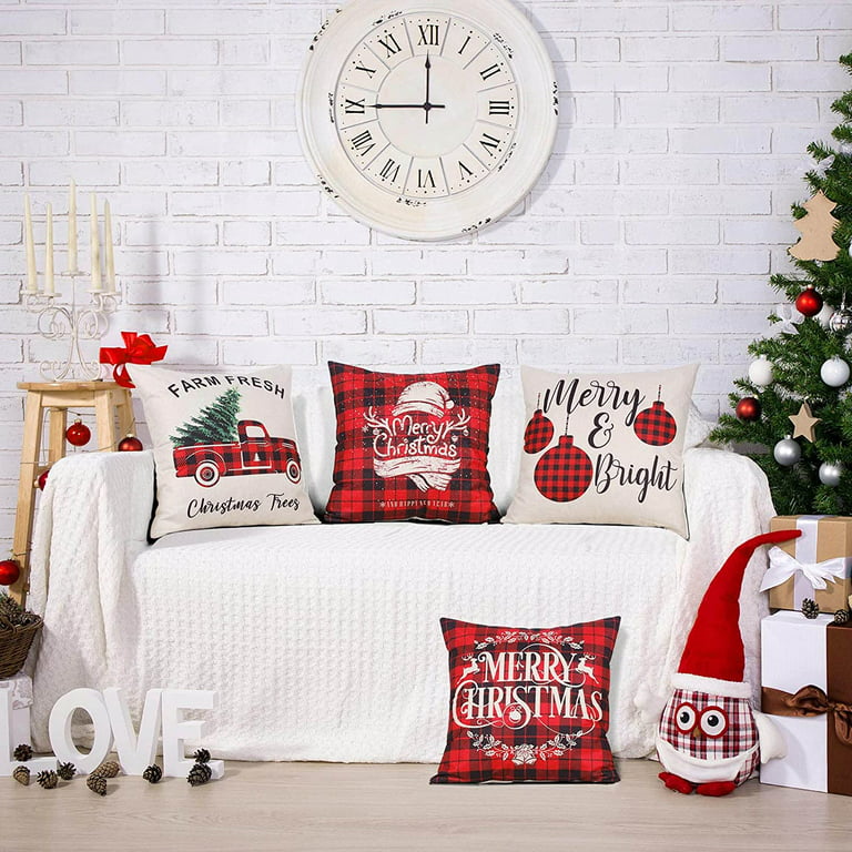Aetegit christmas decorations christmas pillow covers 18x18 inches set of 4  farmhouse buffalo plaid black and red throw pillow case w