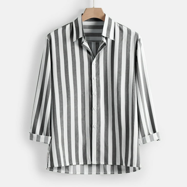 slim fit dress slacks Mens Slim Fit Gray & White Striped Spread Collar Cotton Dress Shirt, 15 / 32/33