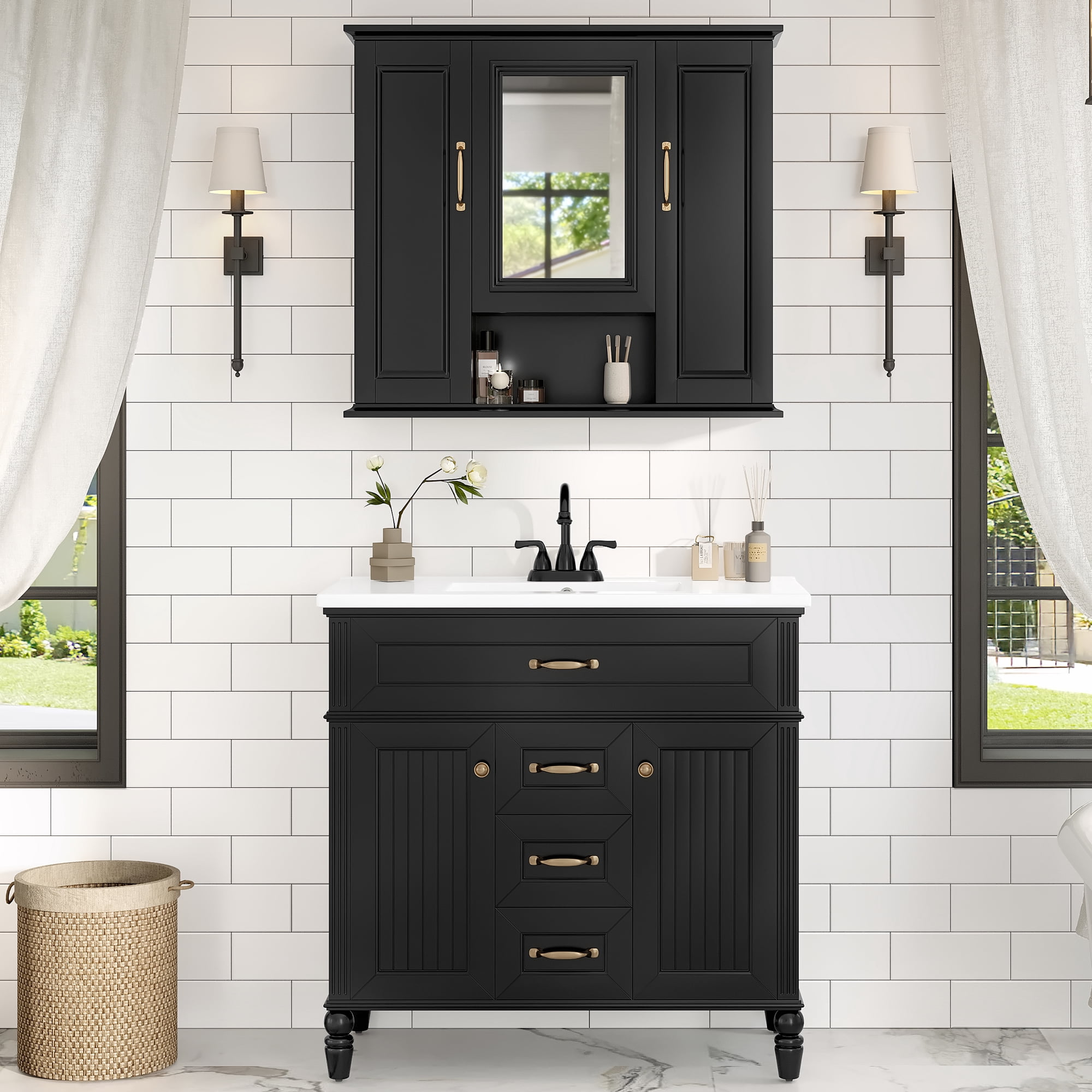 Euroco 36'' Medicine Cabinet, Wall Mounted Bathroom Storage Cabinet, Modern Bathroom Wall Cabinet with Mirror, Mirror Cabinet with 3 Doors (Not Include Bathroom Vanity )