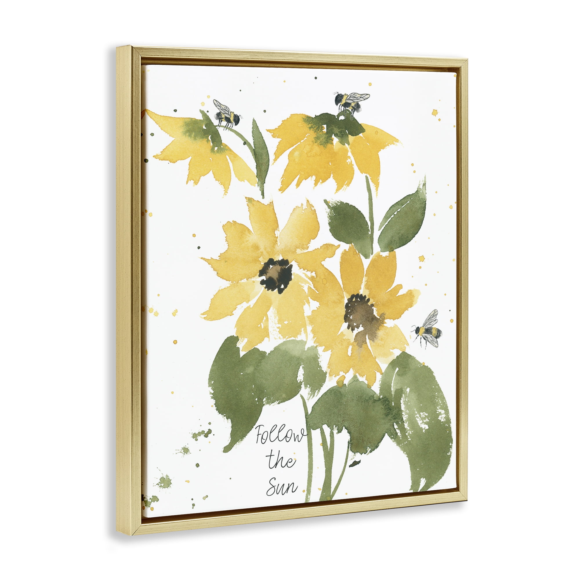 Stupell Industries Follow The Sun Phrase Botanical & Floral Painting Gold Floater Framed Art Print Wall Art, 17 x 21