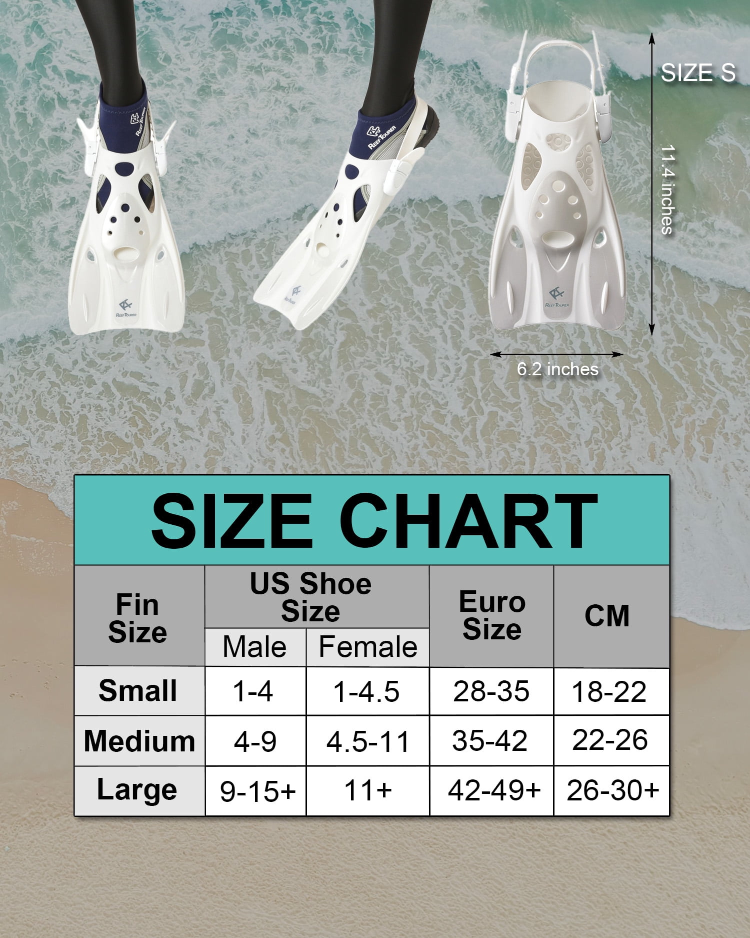 Reef Tourer Snorkel Fins for Kids and Adults, Adjustable Open Heel, Compact Short Blade Swimming Snorkeling Flippers, Travel Size, RF0106P, White, Small