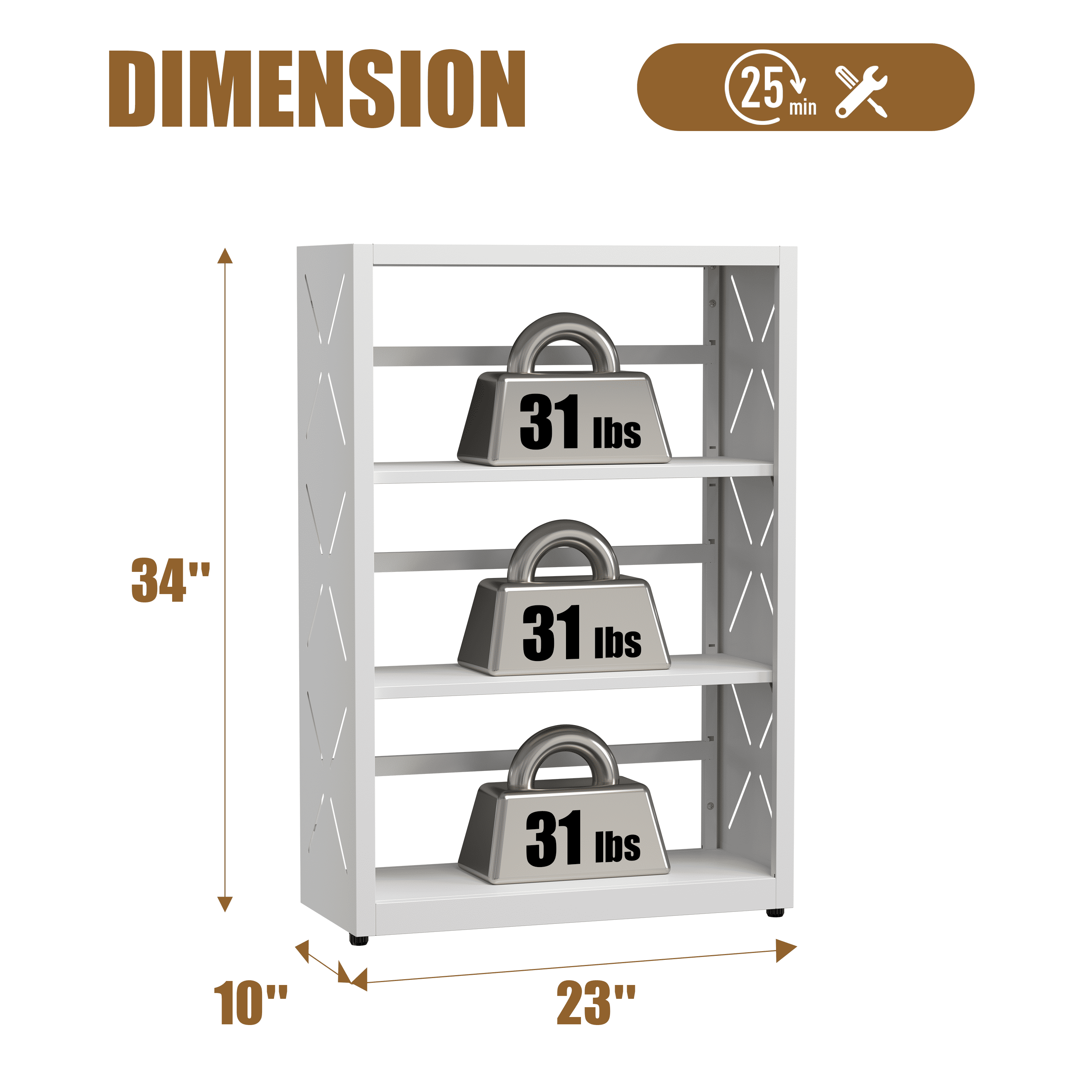 Polup Industrial Bookcase 3-Tier Metal Adjustable Freestanding Storage Rack with Bookends White 1-Pack