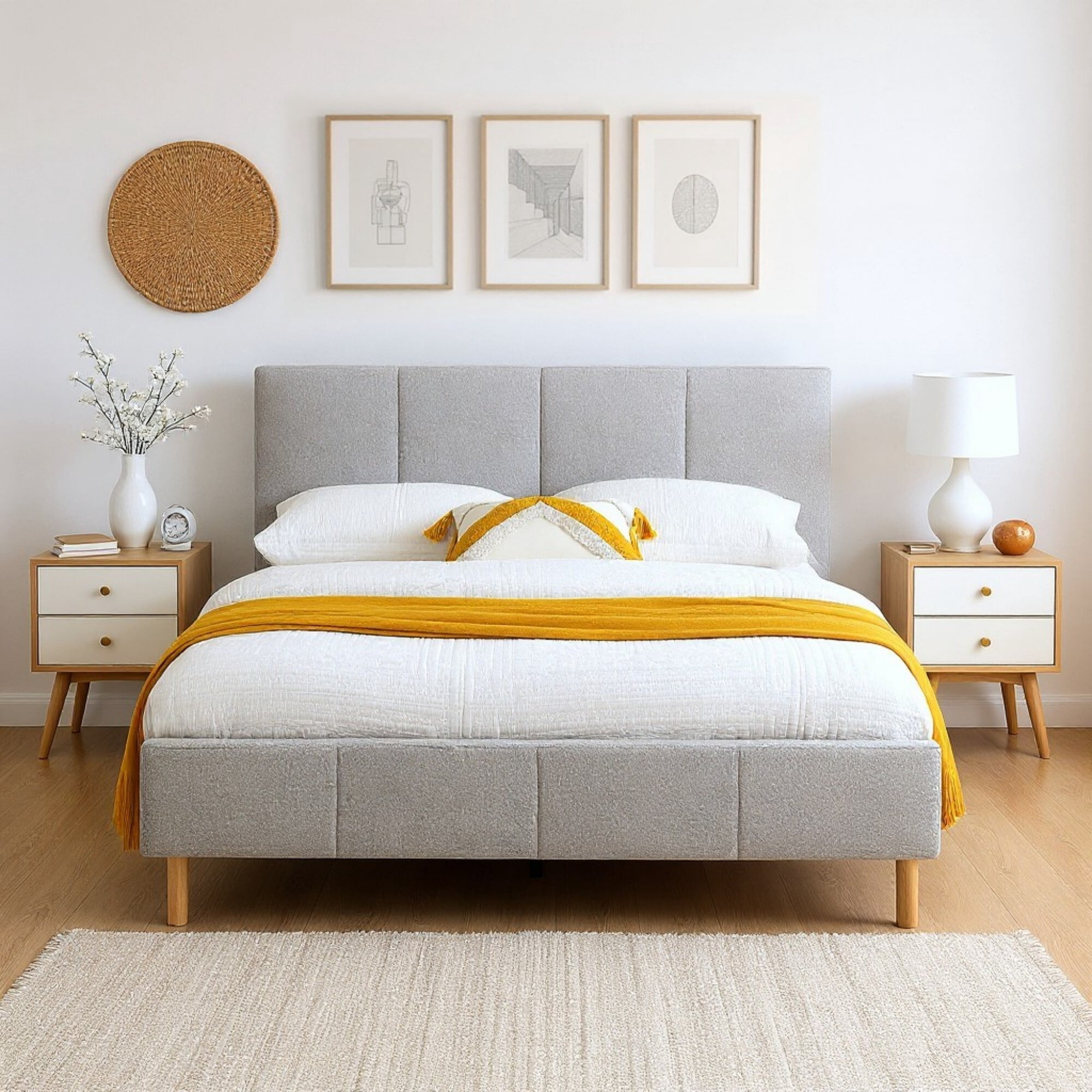 AENKYO Queen Size Upholstered Platform Bed Frame with Soft Teddy Velvet Headboard, No Box Spring Needed, Gray