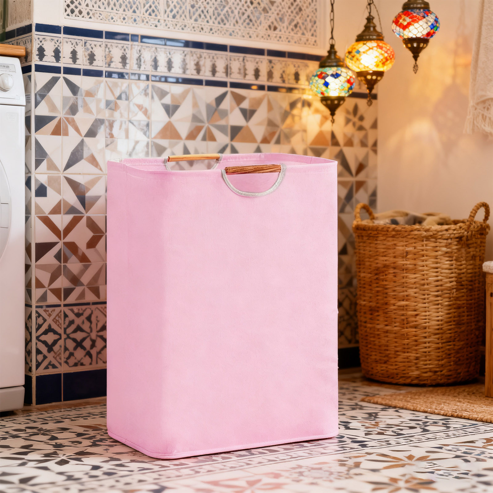 Large Laundry Hamper,80L(21.1 Gal) Collapsible Laundry Basket with Bamboo Handles,Freestanding Waterproof Clothes Hamper for Laundry Room,Bedroom,Towels,Toys(Pink)