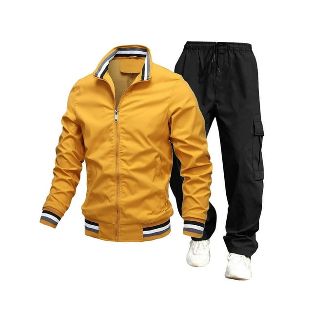 Enjoytime Winter Outfits for Men Long Sleeve Thin Zip Up Jacket Cargo Pants Plus Size 2 Piece Sets Casual Solid Color Active Jogging Sweat Suits