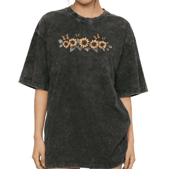 Women's Vintage Horizontal Sunflower Garland Floral Art Graphic Short Sleeve Comfortable Washed T Shirt Black S-2XL Plus Size
