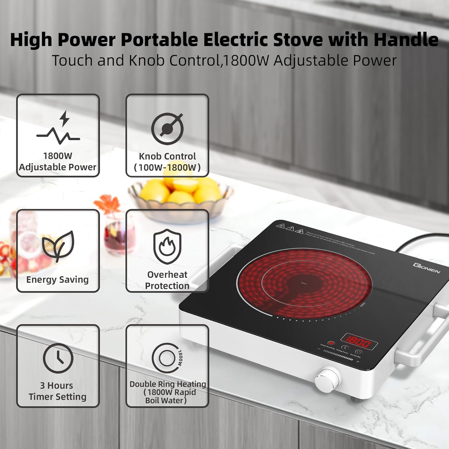 110V Portable Electric Cooktop with 3 Heat Modes, 3-Hour Timer & Safety Lock