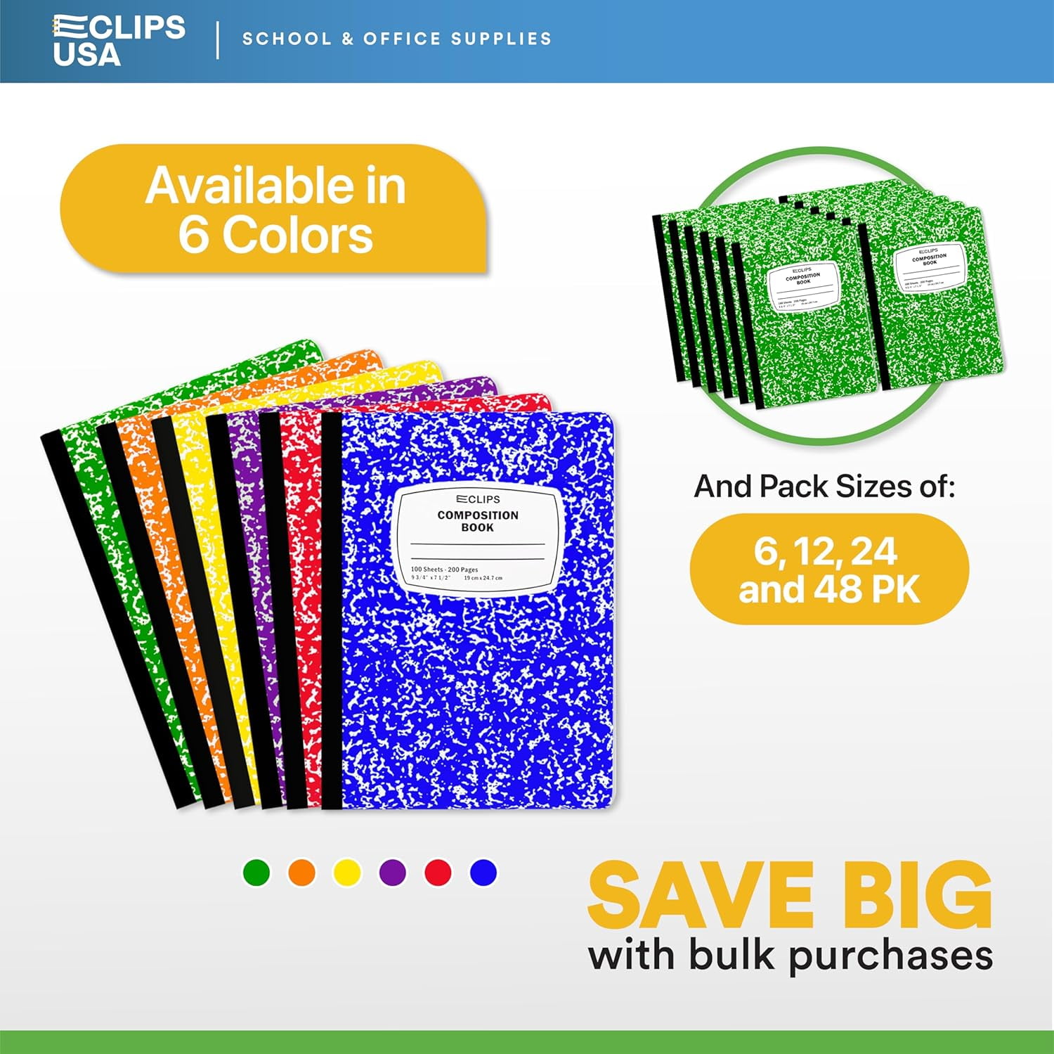 E-Clips USA 100-Sheet Wide-Ruled Hard Cover Composition Notebooks, Green, 48-Pack Bulk