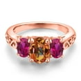 thumbnail image 3 of Gem Stone King 18K Rose Gold Plated Silver Ecstasy Mystic Topaz and Red Created Ruby Filigree Style 3 Stone Ring for Women (2.50 Cttw, Oval 8X6MM and 6X4MM) (Size 5), 3 of 6