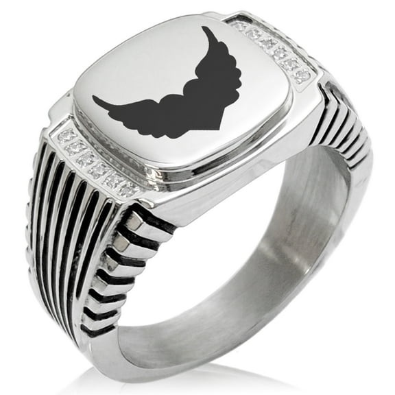 Stainless Steel Angel Wings Heart CZ Ribbed Needle Stripe Pattern Biker Style Polished Ring