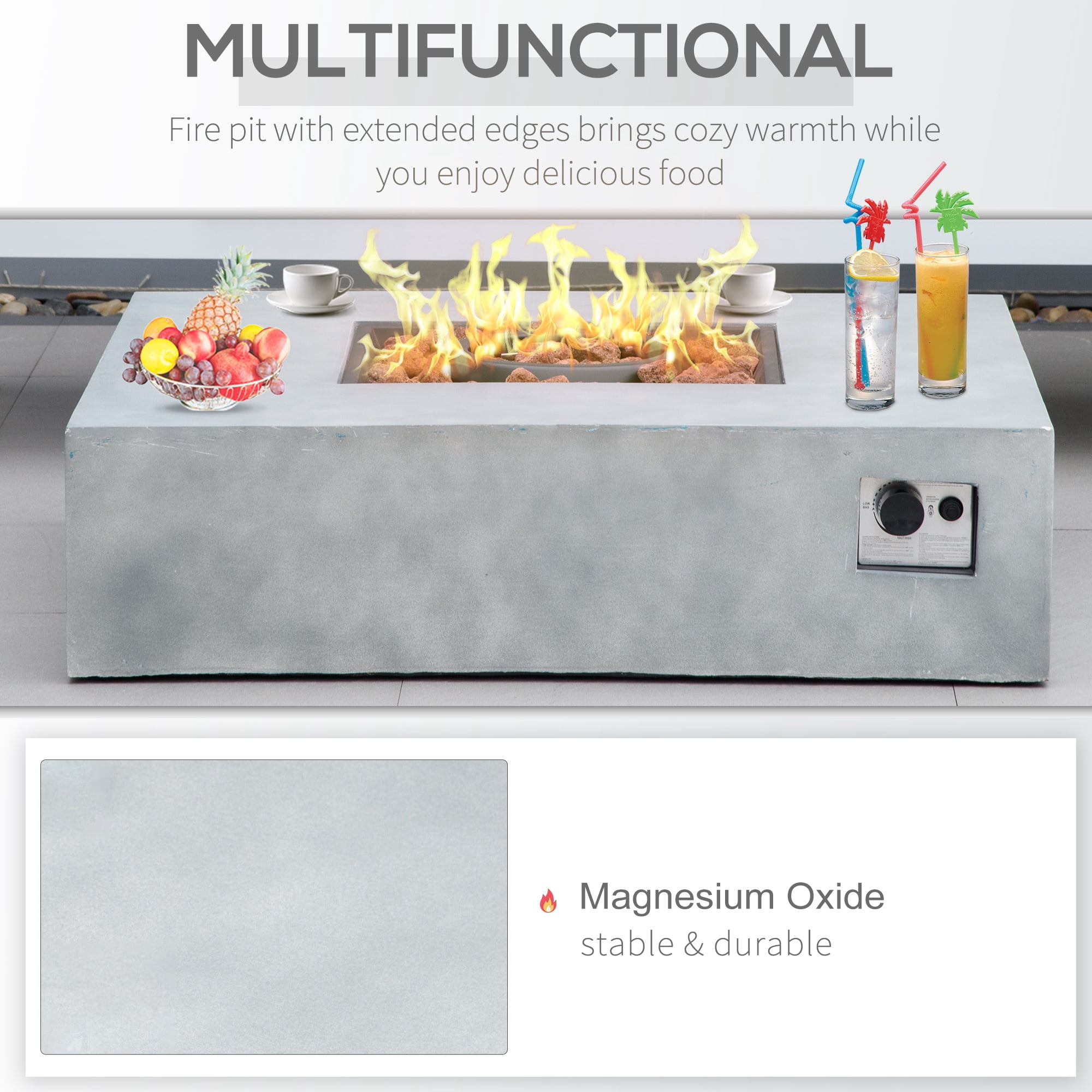 Outsunny Outdoor Propane Fire Pit Table Faux Grey Ledge Stone 42-inch Square Fire Table, 50,000BTU Auto Ignition Gas Firepits with Protective Cover
