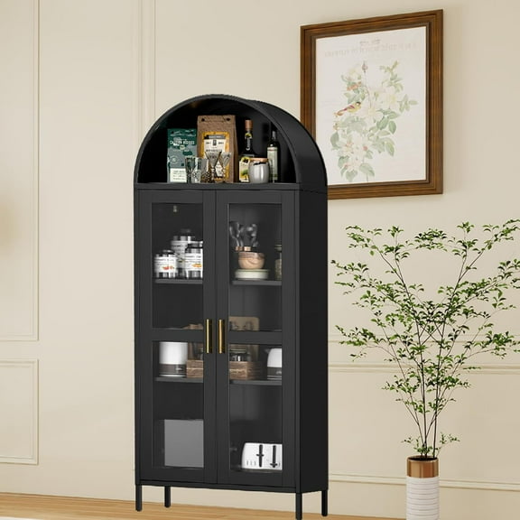 Studyset 73 in Tall Arched Metal Storage Display Cabinet with Glass Door, Extra Large Capacity, 2 Adjustable Shelves, Modern Farmhouse Design for Kitchen Pantry,Living and Dining Room,Black