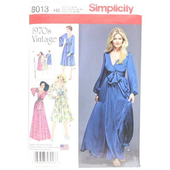 Simplicity 8013 Patrones de costura para vestidos de moda vintage de los años 70, tallas 6 a 14