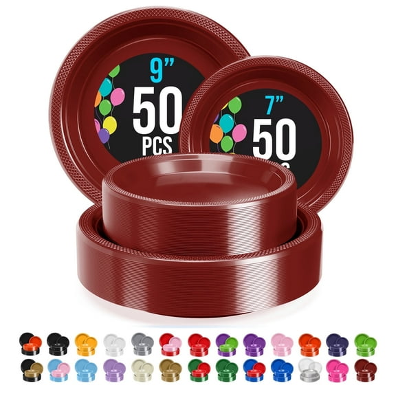 Exquisite Dinner Plate Combo, 100 Pack, 9 & 7 Inch, Burgundy Plastic Party Plates