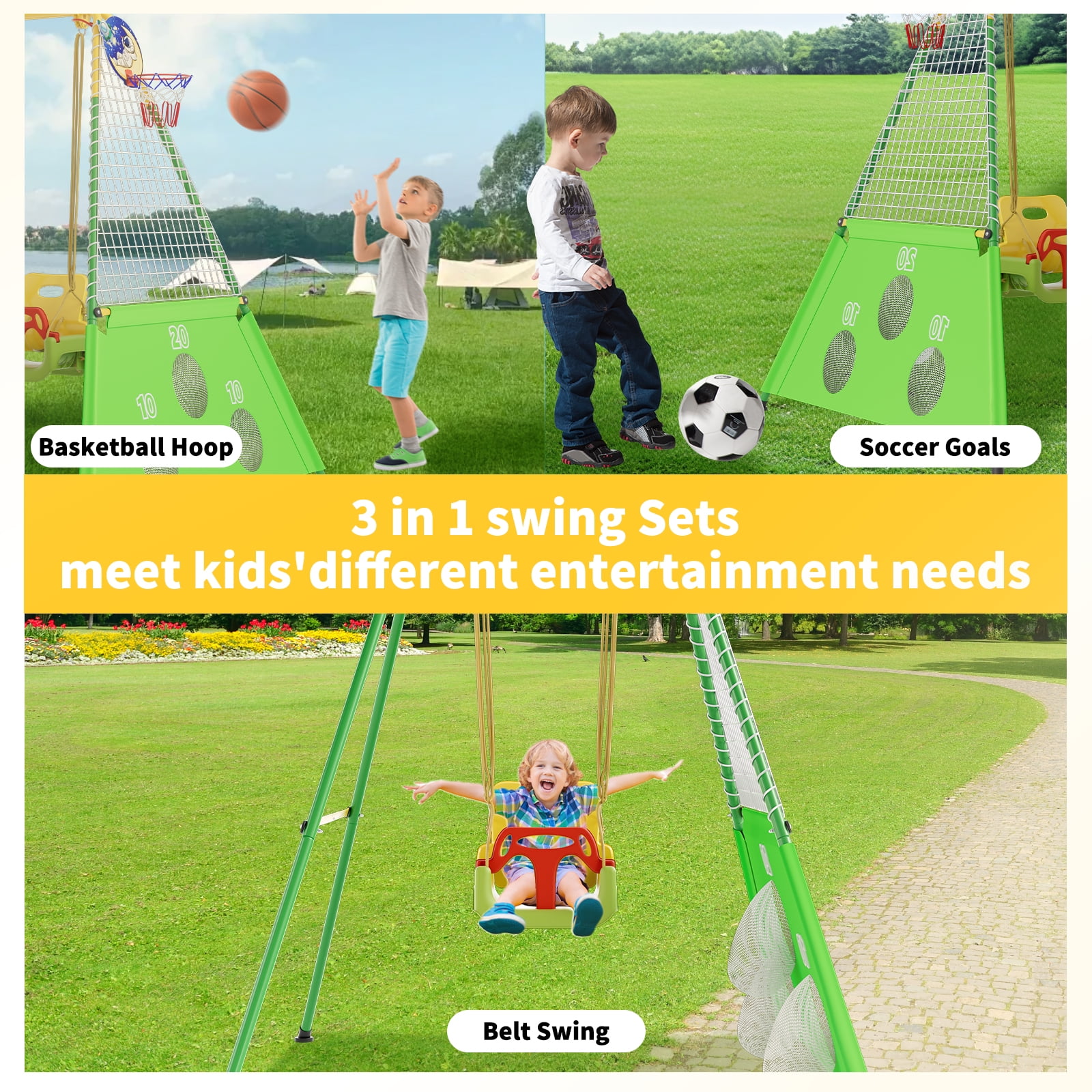 3 in 1 Toddler Swing Set with Basketball Rim and Soccer Scoring Net, Indoor Outdoor Baby Swing with Metal Stand, Kids Swing Set for Backyard, Free Soccer Basketball and Pump, Easy to Assemble（Green）