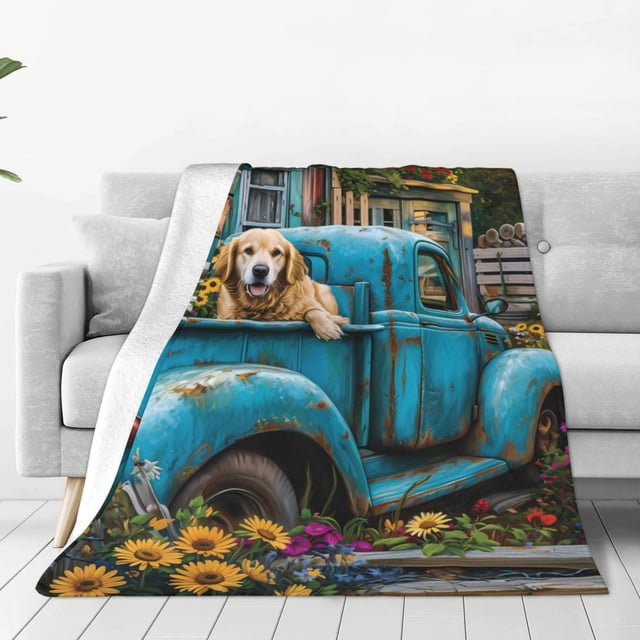Balery Vintage Pickup Sunflower Dog Manta de Felpa Suave y Acogedora – Cobija de Franela Aterciopelada para Cama, Lavable y Cálida para Sofá, Mascotas, Transpirable-60"x50"